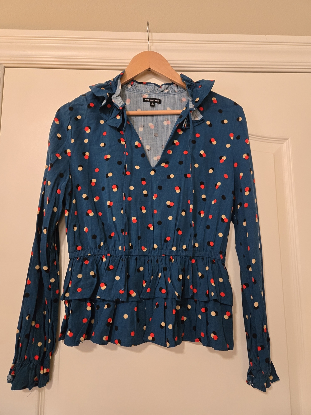 Who What Wear Teal Polka Dot Ruffle Peplum Blouse Flowy Feminine Fall